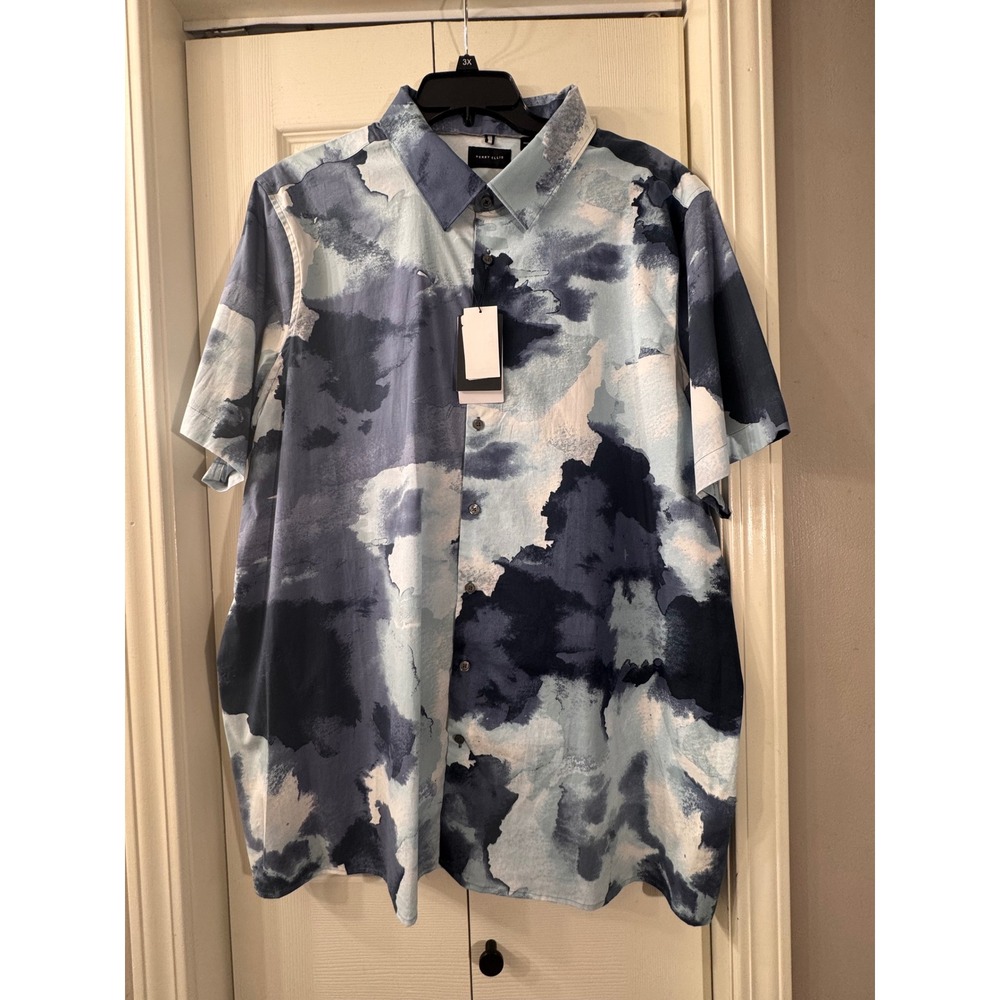 Perry Ellis Mens 3X Blue Abstract Watercolor Cloud Print Short Sleeve Button Up